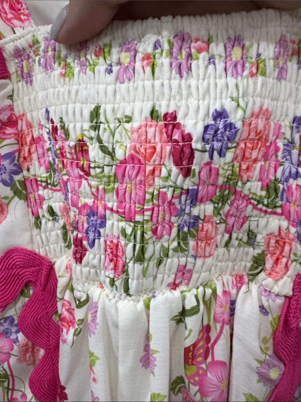 Rare Editions White Floral Maxi Dress with Pink Ric Rac Trim
